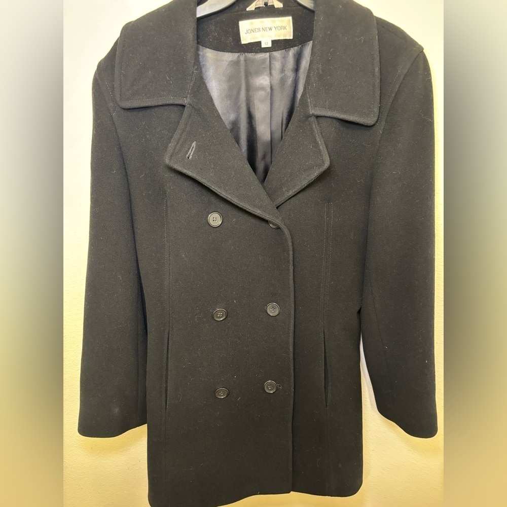 Jones New York Black Double-Breasted Pea wool Coat